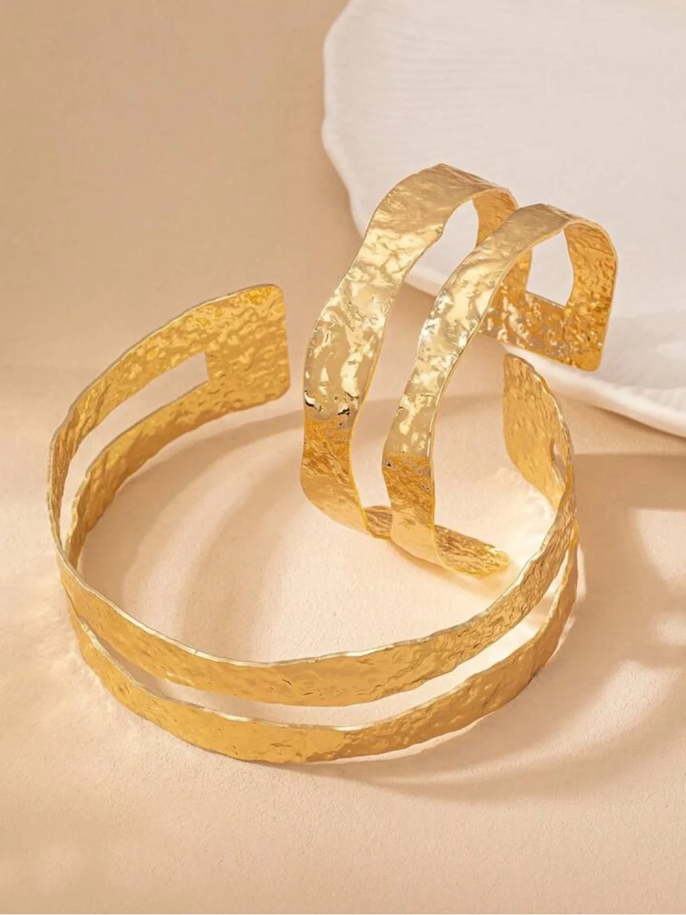 2pc Set Gold Textured Hammered Cuff Bracelet And Armlet